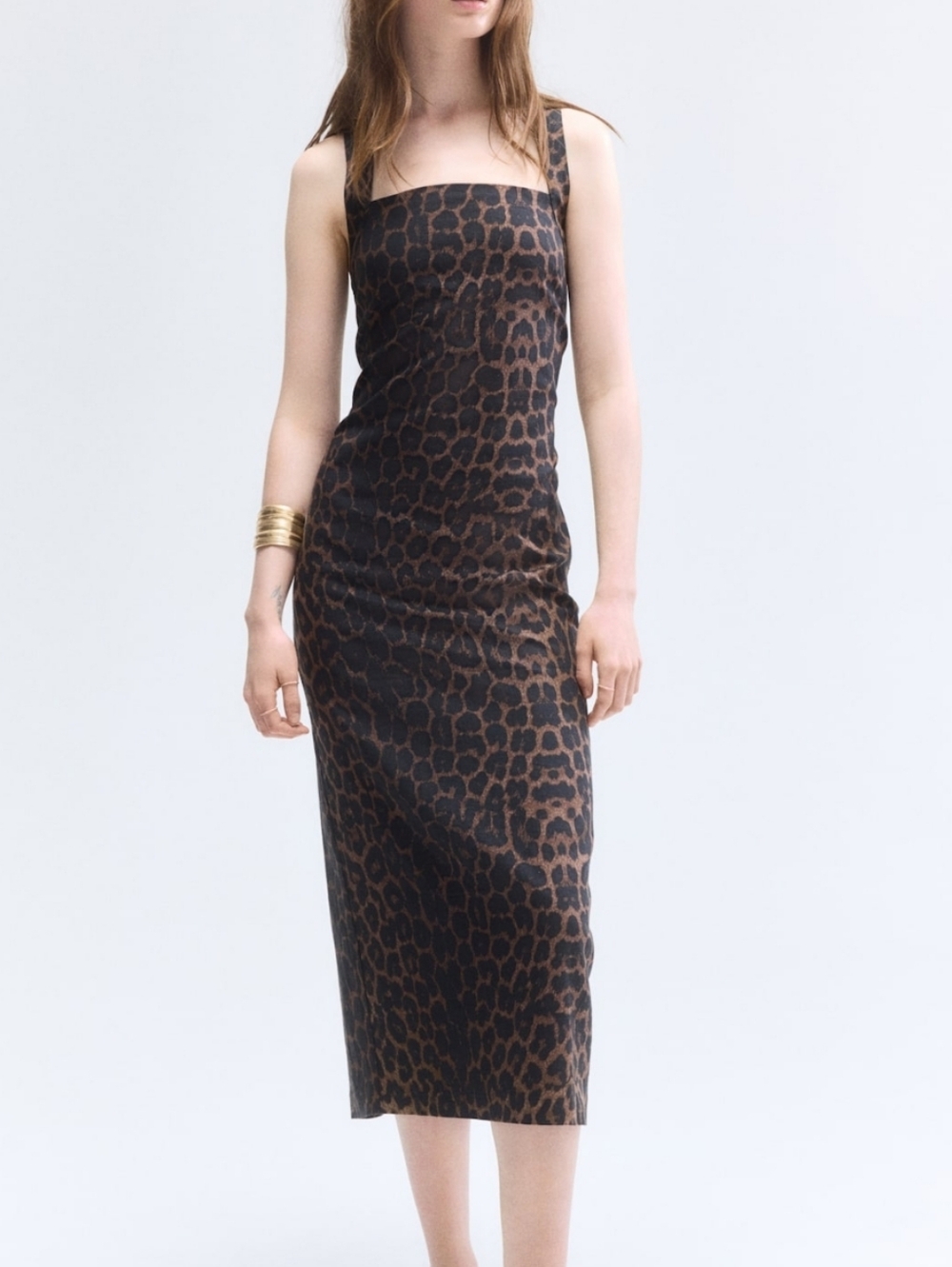 H&M Brown Leopard-Print Square-Neck Midi Dress